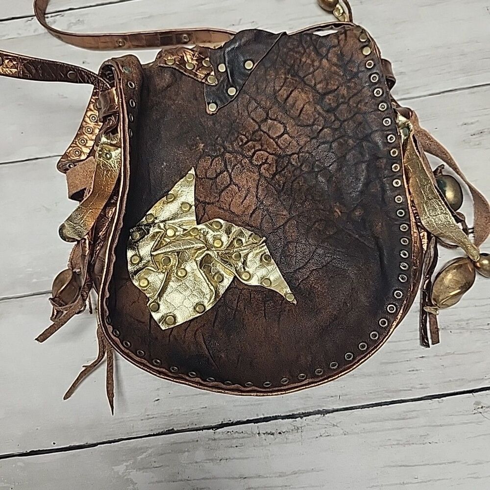 Vintage Unique Handmade Artisan Brown Leather Boho Small Crossbody Shoulder Bag - Picture 3 of 12